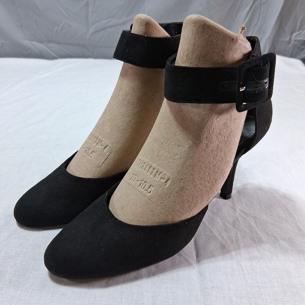 Impo Black Faux Suede Ankle Strap Buckle Heels Pumps Size 7M Corporate Chic
